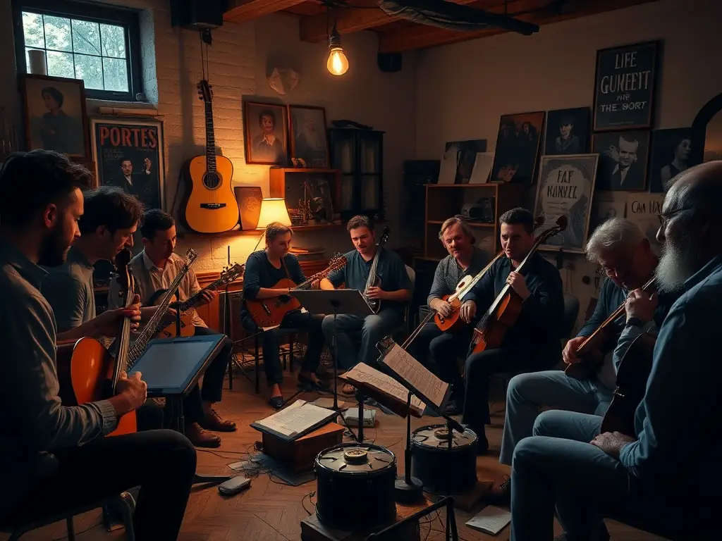 A photograph capturing a diverse group of musicians collaborating during a workshop, showcasing the spirit of cross-cultural exchange and mutual learning.