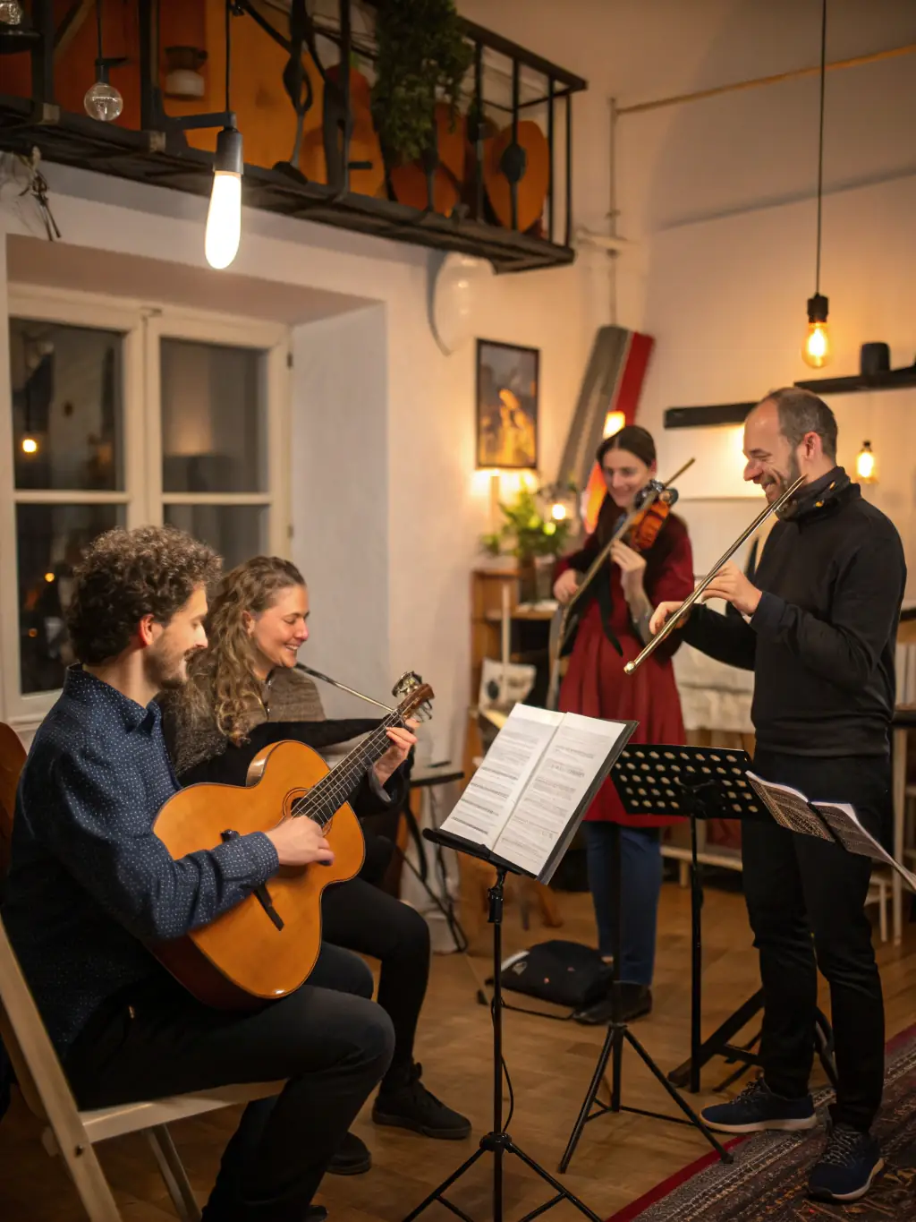 A dynamic image of musicians from different European countries collaborating on stage during a CEM CYCLOTOUR D'EUROPE MUSICAL cross-border exchange program, highlighting the organization's efforts to foster international collaboration.