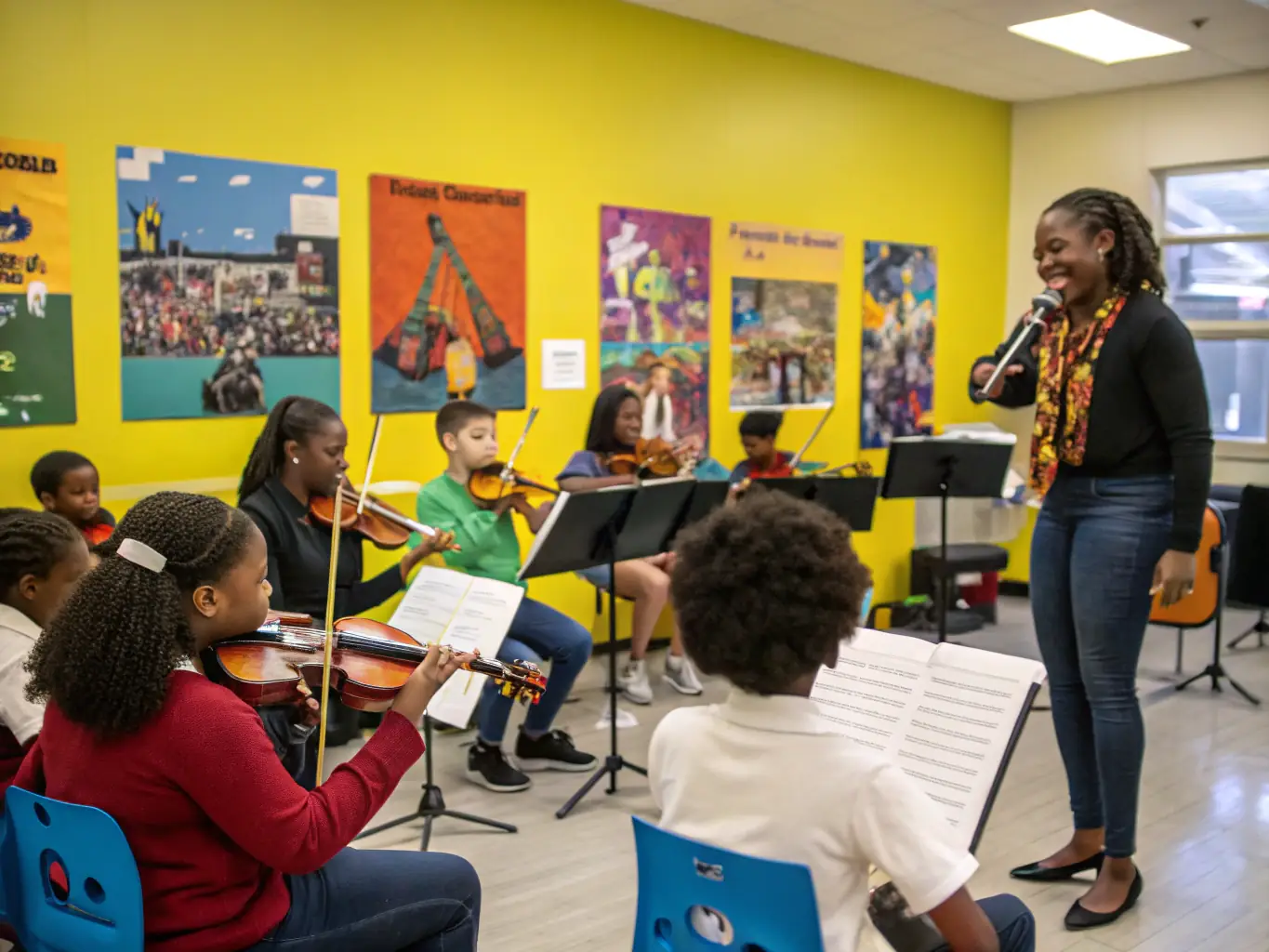 A visually appealing image of a group of young students participating in a music education program, learning about different European musical instruments and traditions, fostering an appreciation for cultural diversity from a young age.