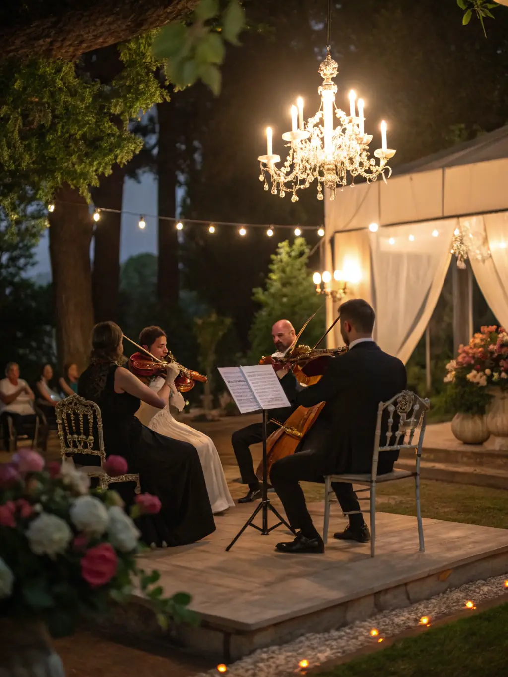A vibrant photograph capturing a string quartet performing in a historic European town square during a CEM CYCLOTOUR D'EUROPE MUSICAL event. The image should convey the energy and cultural richness of the performance.