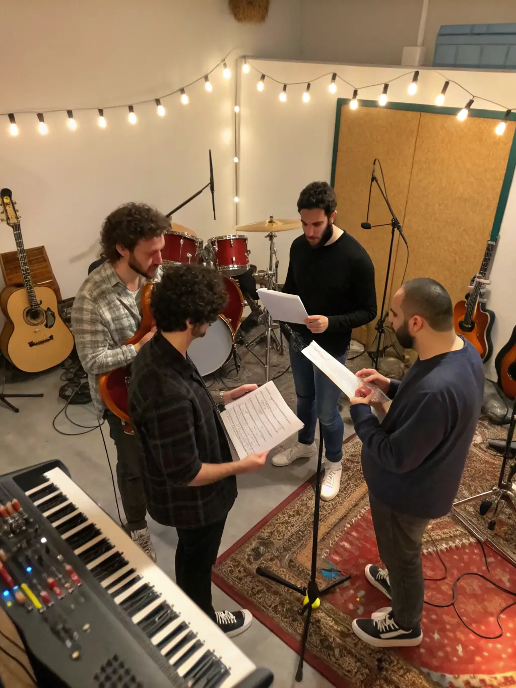 A dynamic image of a cross-border musical exchange program, showing young musicians from different countries collaborating and rehearsing together.