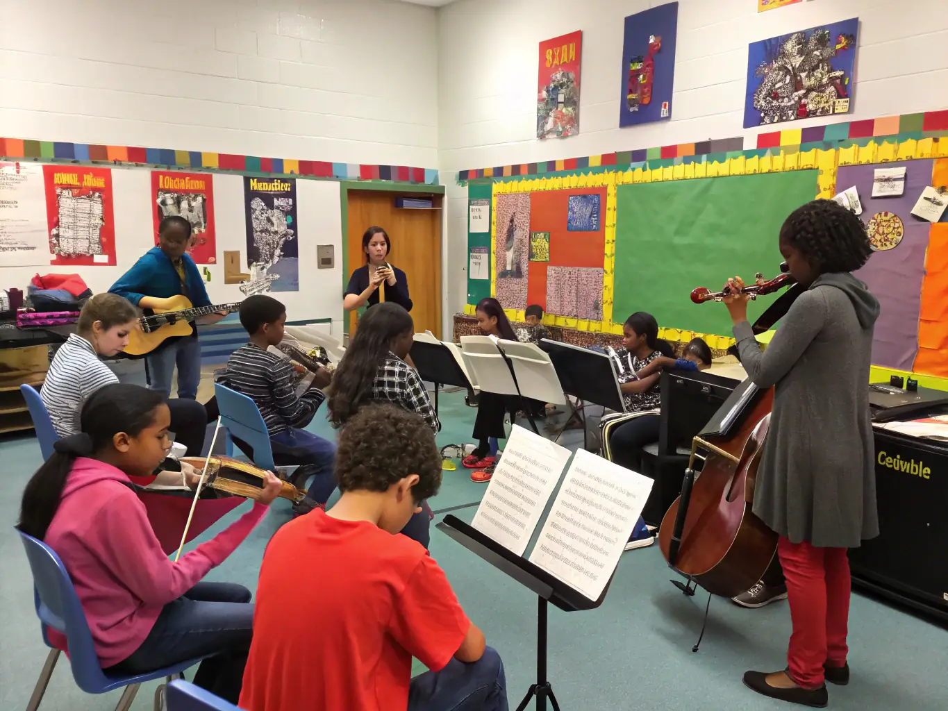 A photo of participants in a CEM CYCLOTOUR D'EUROPE MUSICAL workshop, actively engaged in learning about different musical styles and techniques, highlighting the organization's educational initiatives.
