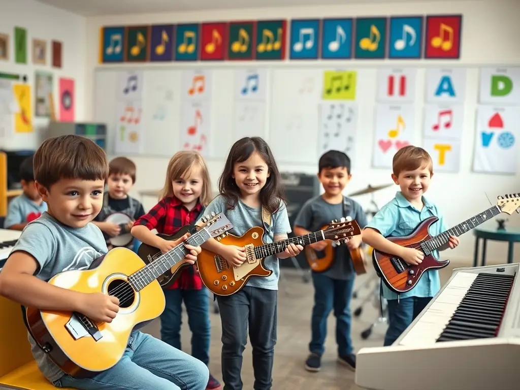 A photo of young students participating in a music education program, learning about European musical instruments and traditions.