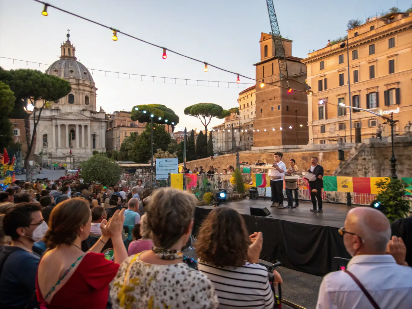 A vibrant image of a community concert featuring European folk music, with people of all ages and backgrounds enjoying the performance.