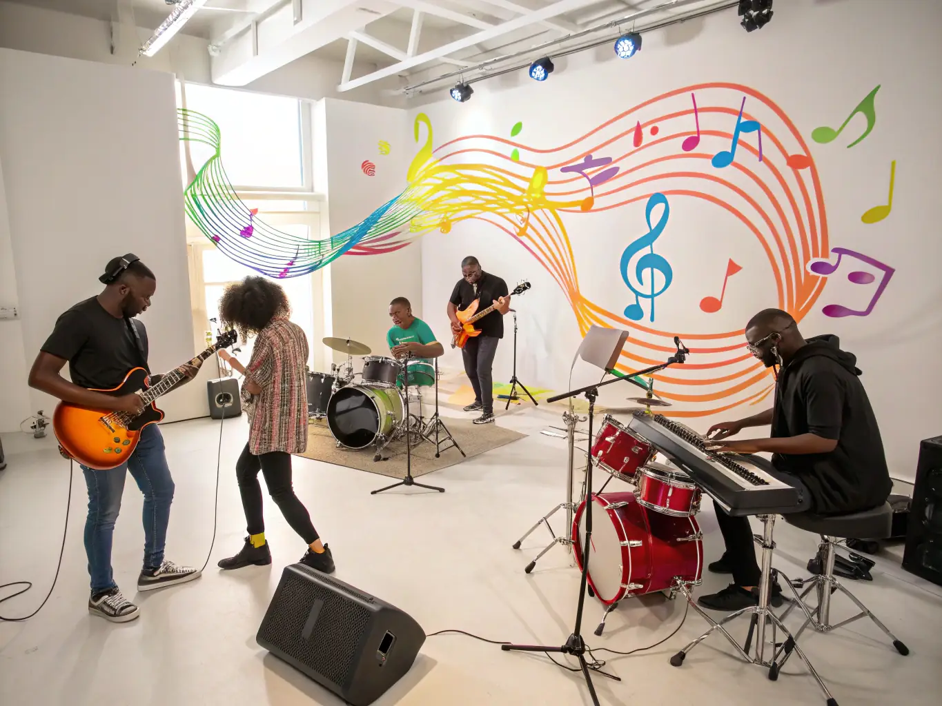 An image of a diverse group of musicians from various European countries collaborating in a vibrant workshop setting, surrounded by musical instruments and sheet music, symbolizing cross-cultural exchange and learning.