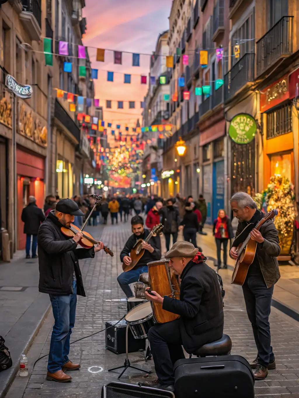 A vibrant photograph capturing a diverse group of musicians performing in a public square during a CEM CYCLOTOUR D'EUROPE MUSICAL event, showcasing the energy and inclusivity of the organization's musical programs.